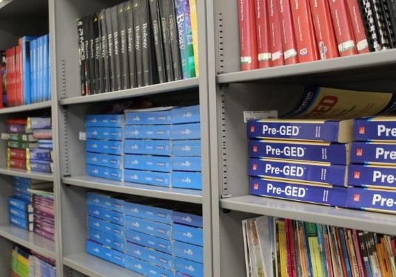 Books stacked in the school library